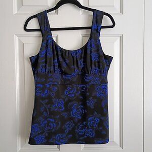 ANN TAYLOR Floral Ruched Tank Top Blue Black Size L